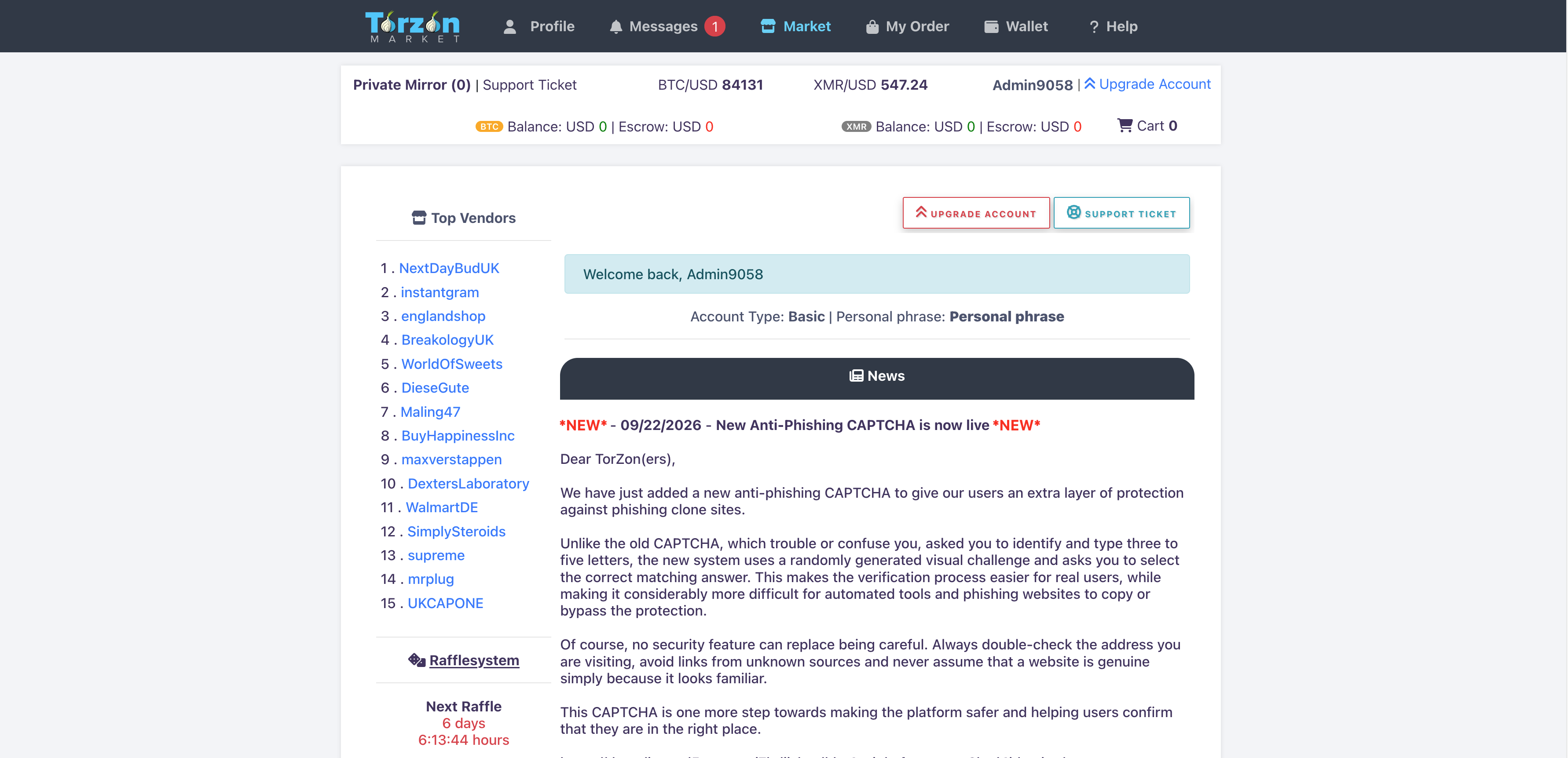Torzon Market official interface and marketplace dashboard 2026