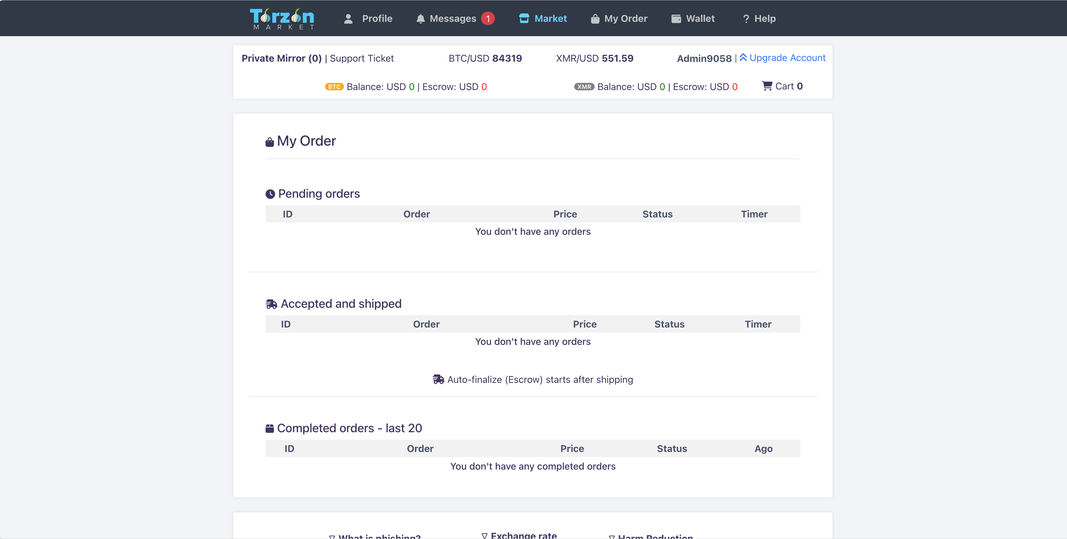 Torzon Market orders page and transaction history 2026